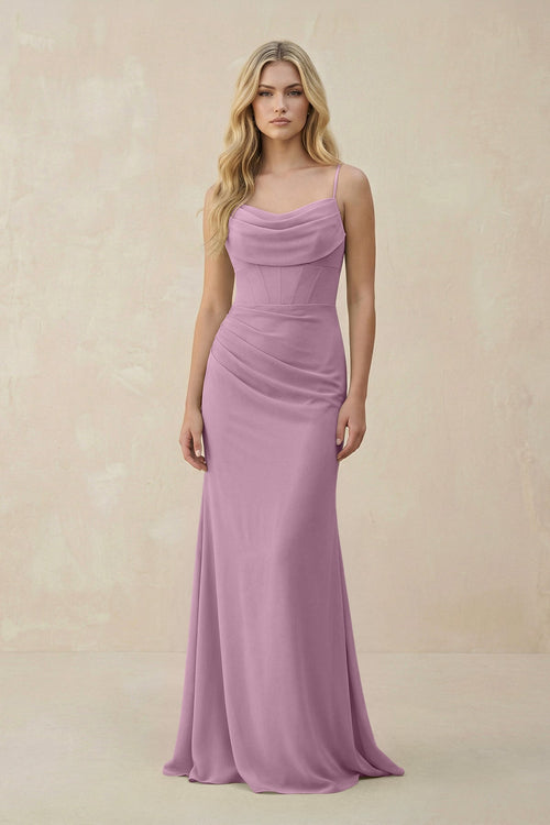 Cowl Neck Sheath Chiffon Bridesmaid Dress with Corset in Wisteria - KISS BRIDAL Bridesmaid Dresses