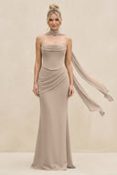 Cowl Neck Sheath Chiffon Bridesmaid Dress with Ribbon in Almond - SHE IS ME Bridesmaid Dresses