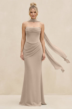 Cowl Neck Sheath Chiffon Bridesmaid Dress with Ribbon in Almond - SHE IS ME Bridesmaid Dresses