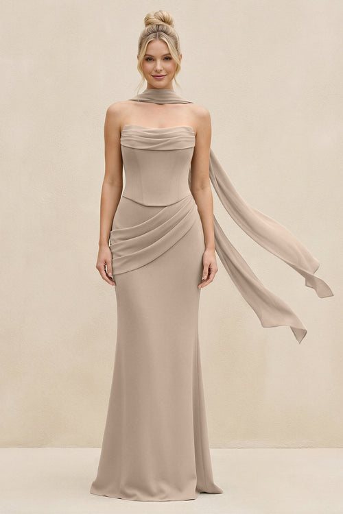 Cowl Neck Sheath Chiffon Bridesmaid Dress with Ribbon in Almond - SHE IS ME Bridesmaid Dresses