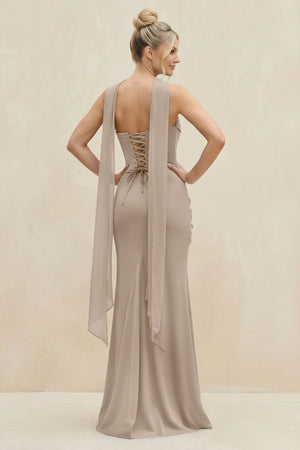 Cowl Neck Sheath Chiffon Bridesmaid Dress with Ribbon in Almond (2) | KISSBRIDAL