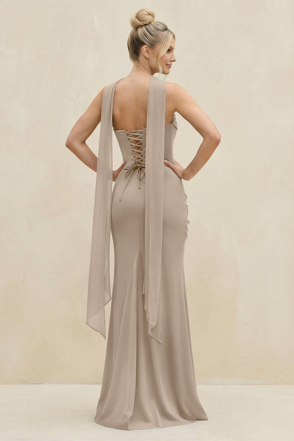 Cowl Neck Sheath Chiffon Bridesmaid Dress with Ribbon in Almond (2) | KISSBRIDAL