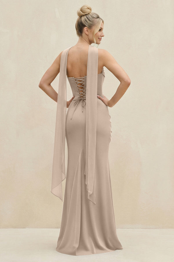 Cowl Neck Sheath Chiffon Bridesmaid Dress with Ribbon in Almond - SHE IS ME Bridesmaid Dresses