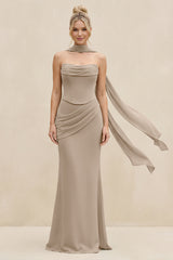 Cowl Neck Sheath Chiffon Bridesmaid Dress with Ribbon in Almond | KISSBRIDAL