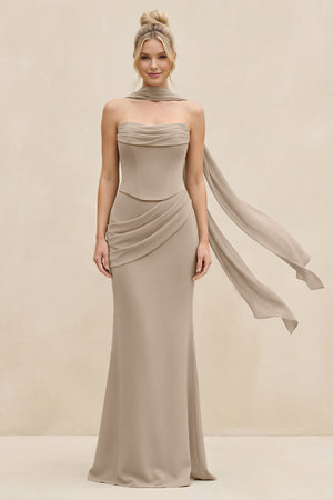 Cowl Neck Sheath Chiffon Bridesmaid Dress with Ribbon in Almond | KISSBRIDAL