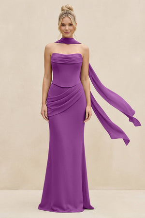 Cowl Neck Sheath Chiffon Bridesmaid Dress with Ribbon in Amethyst - SHE IS ME Bridesmaid Dresses