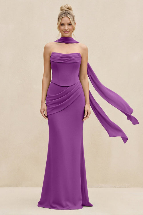 Cowl Neck Sheath Chiffon Bridesmaid Dress with Ribbon in Amethyst - SHE IS ME Bridesmaid Dresses