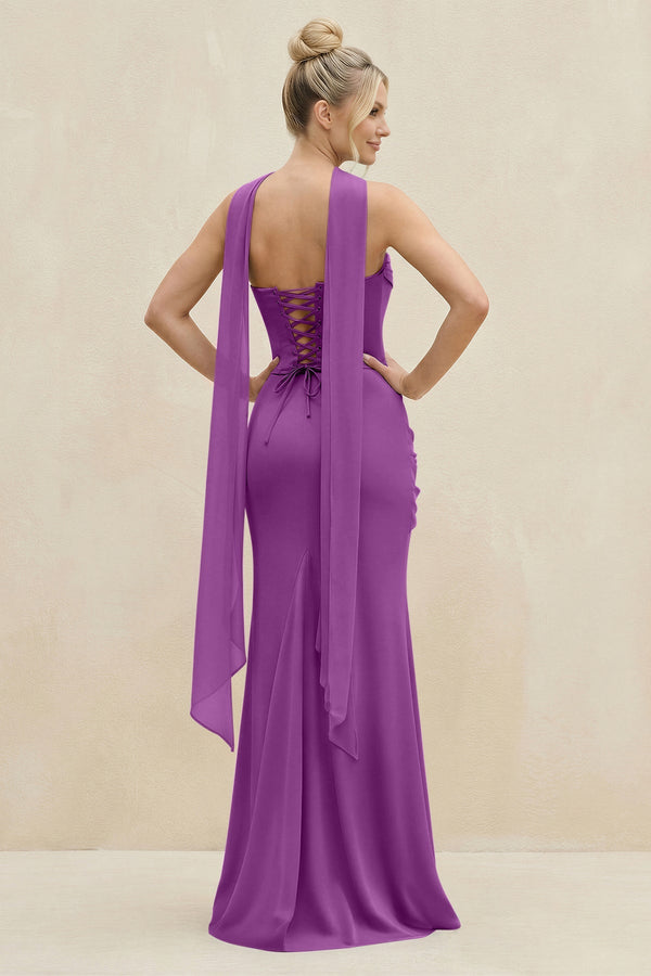 Cowl Neck Sheath Chiffon Bridesmaid Dress with Ribbon in Amethyst - SHE IS ME Bridesmaid Dresses