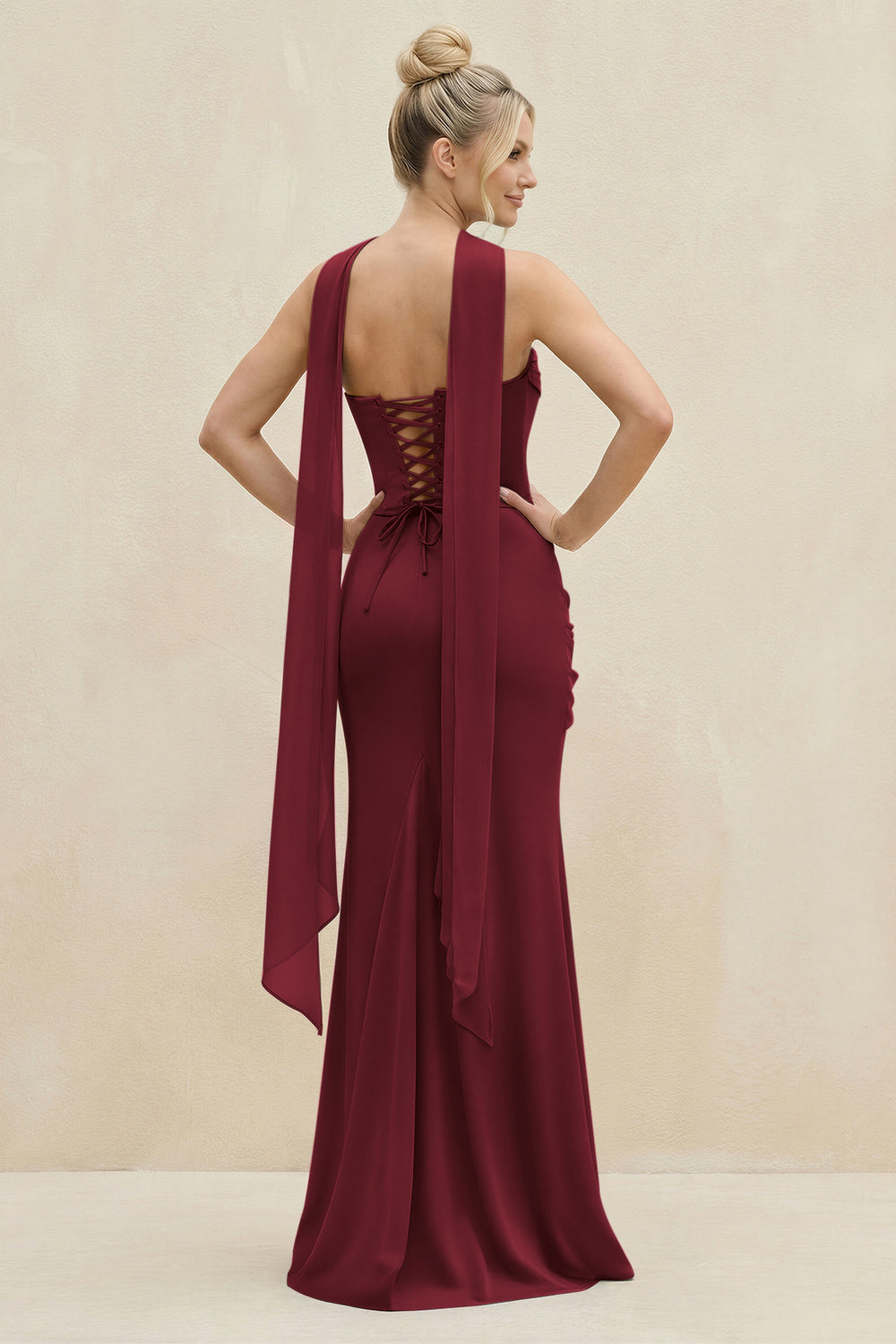 Cowl Neck Sheath Chiffon Bridesmaid Dress with Ribbon in Berry