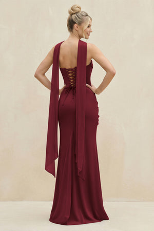 Cowl Neck Sheath Chiffon Bridesmaid Dress with Ribbon in Berry (2) | KISSBRIDAL