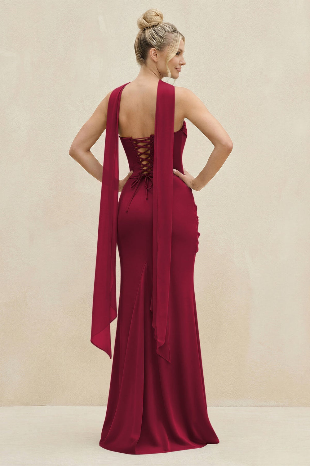 Cowl Neck Sheath Chiffon Bridesmaid Dress with Ribbon in Berry - KISS BRIDAL Bridesmaid Dresses