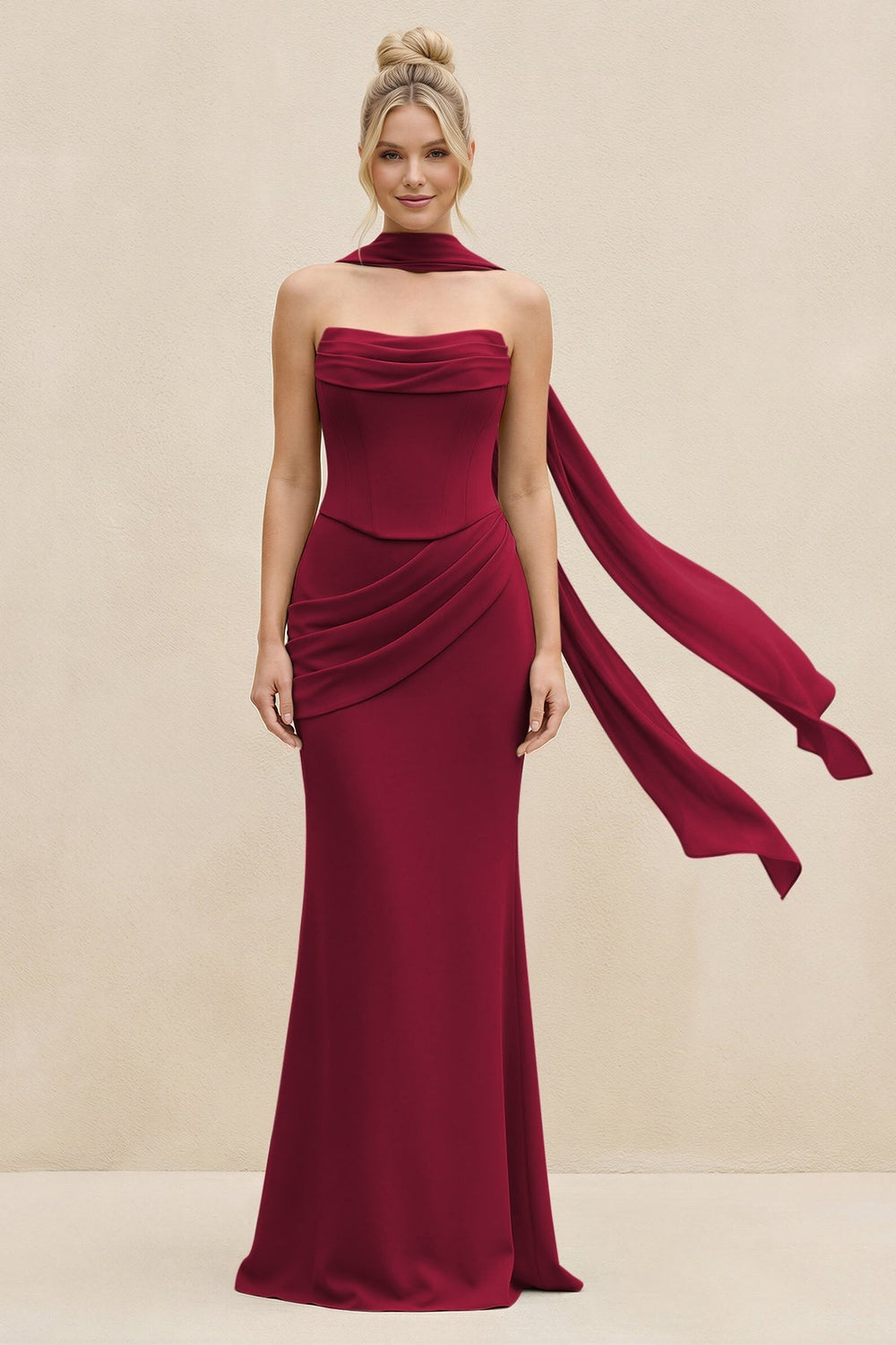 Cowl Neck Sheath Chiffon Bridesmaid Dress with Ribbon in Berry - KISS BRIDAL Bridesmaid Dresses