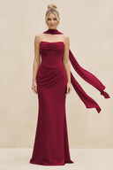 Cowl Neck Sheath Chiffon Bridesmaid Dress with Ribbon in Berry - SHE IS ME Bridesmaid Dresses