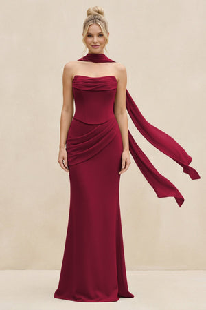 Cowl Neck Sheath Chiffon Bridesmaid Dress with Ribbon in Berry - SHE IS ME Bridesmaid Dresses