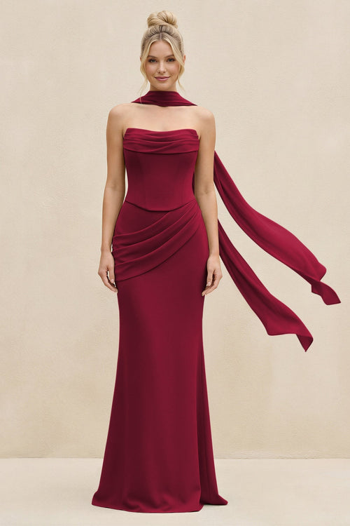 Cowl Neck Sheath Chiffon Bridesmaid Dress with Ribbon in Berry - SHE IS ME Bridesmaid Dresses