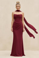 Cowl Neck Sheath Chiffon Bridesmaid Dress with Ribbon in Berry | KISSBRIDAL