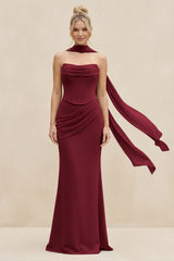Cowl Neck Sheath Chiffon Bridesmaid Dress with Ribbon in Berry | KISSBRIDAL