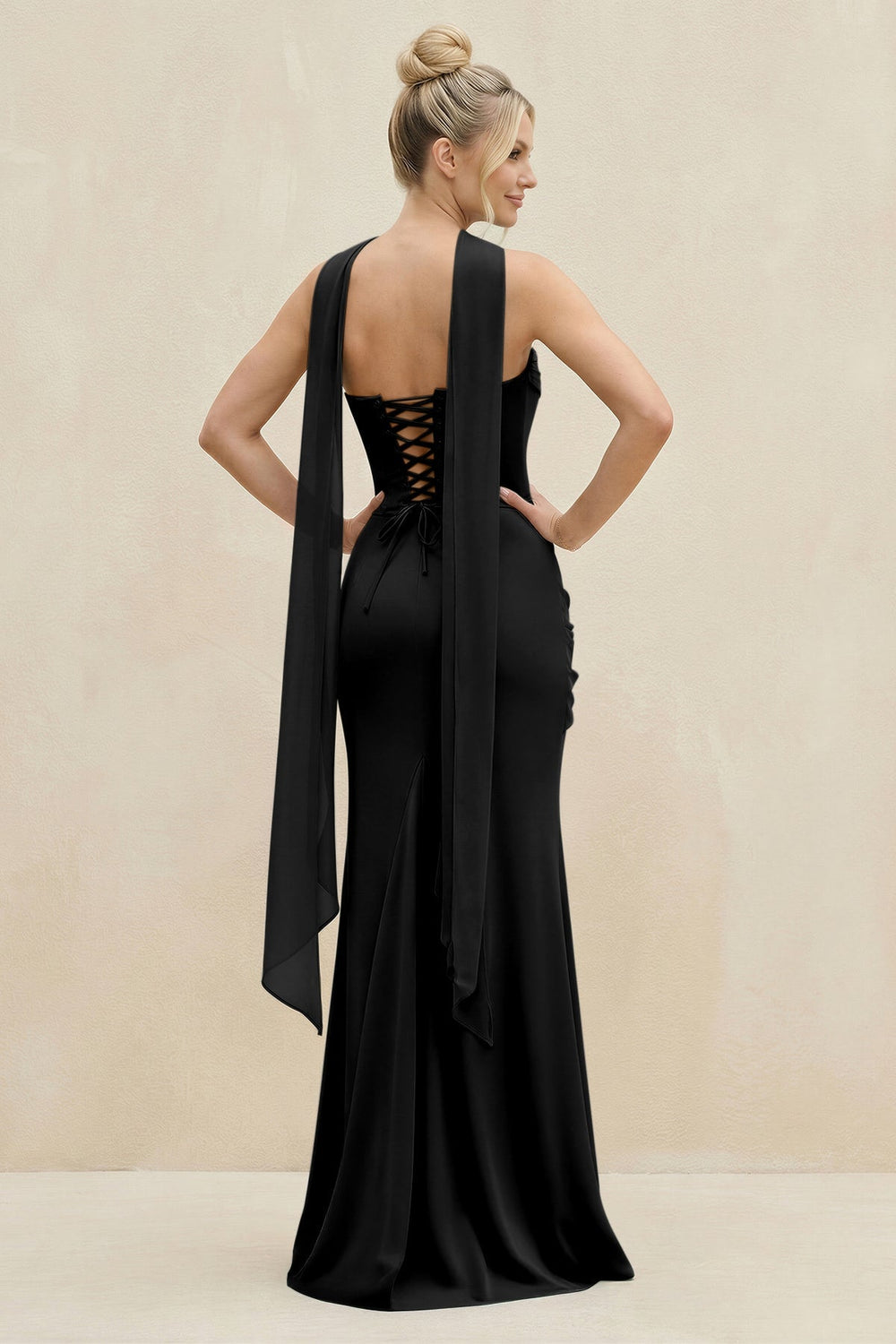 Cowl Neck Sheath Chiffon Bridesmaid Dress with Ribbon in Black - KISS BRIDAL Bridesmaid Dresses