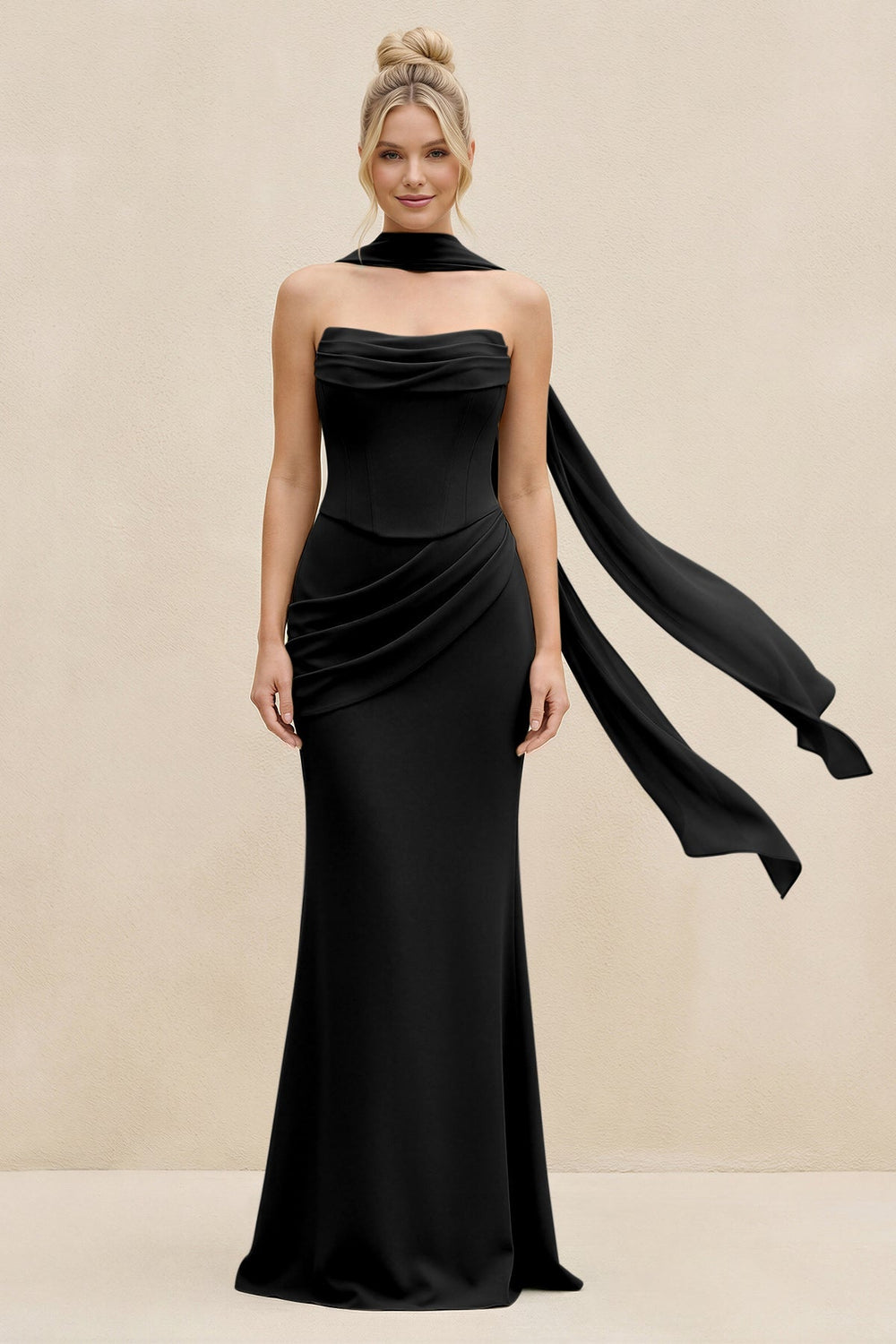 Cowl Neck Sheath Chiffon Bridesmaid Dress with Ribbon in Black - KISS BRIDAL Bridesmaid Dresses