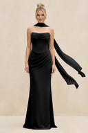 Cowl Neck Sheath Chiffon Bridesmaid Dress with Ribbon in Black - SHE IS ME Bridesmaid Dresses
