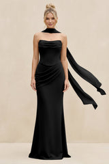 Cowl Neck Sheath Chiffon Bridesmaid Dress with Ribbon in Black - KISS BRIDAL Bridesmaid Dresses