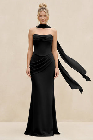Cowl Neck Sheath Chiffon Bridesmaid Dress with Ribbon in Black - SHE IS ME Bridesmaid Dresses