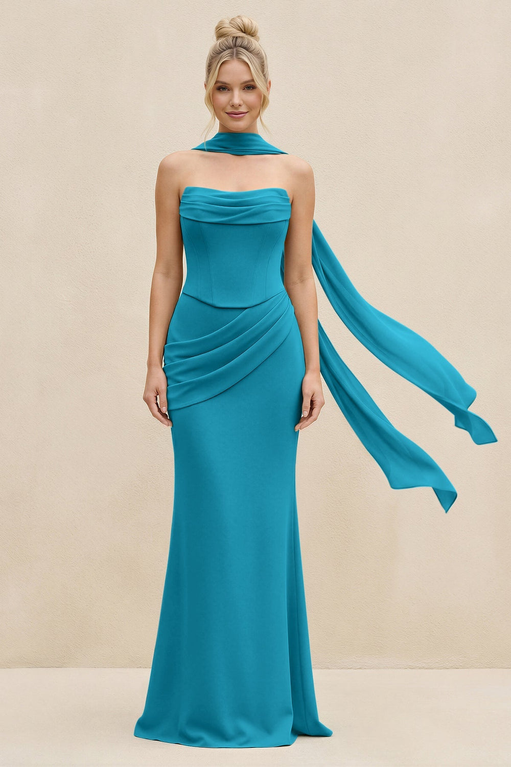 Cowl Neck Sheath Chiffon Bridesmaid Dress with Ribbon in Blue Jay - KISS BRIDAL Bridesmaid Dresses