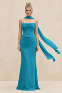 Cowl Neck Sheath Chiffon Bridesmaid Dress with Ribbon in Blue Jay - SHE IS ME Bridesmaid Dresses