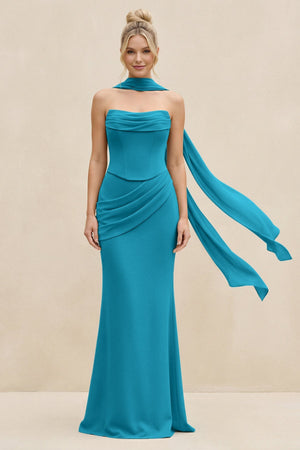 Cowl Neck Sheath Chiffon Bridesmaid Dress with Ribbon in Blue Jay - SHE IS ME Bridesmaid Dresses