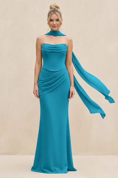 Cowl Neck Sheath Chiffon Bridesmaid Dress with Ribbon in Blue Jay - SHE IS ME Bridesmaid Dresses