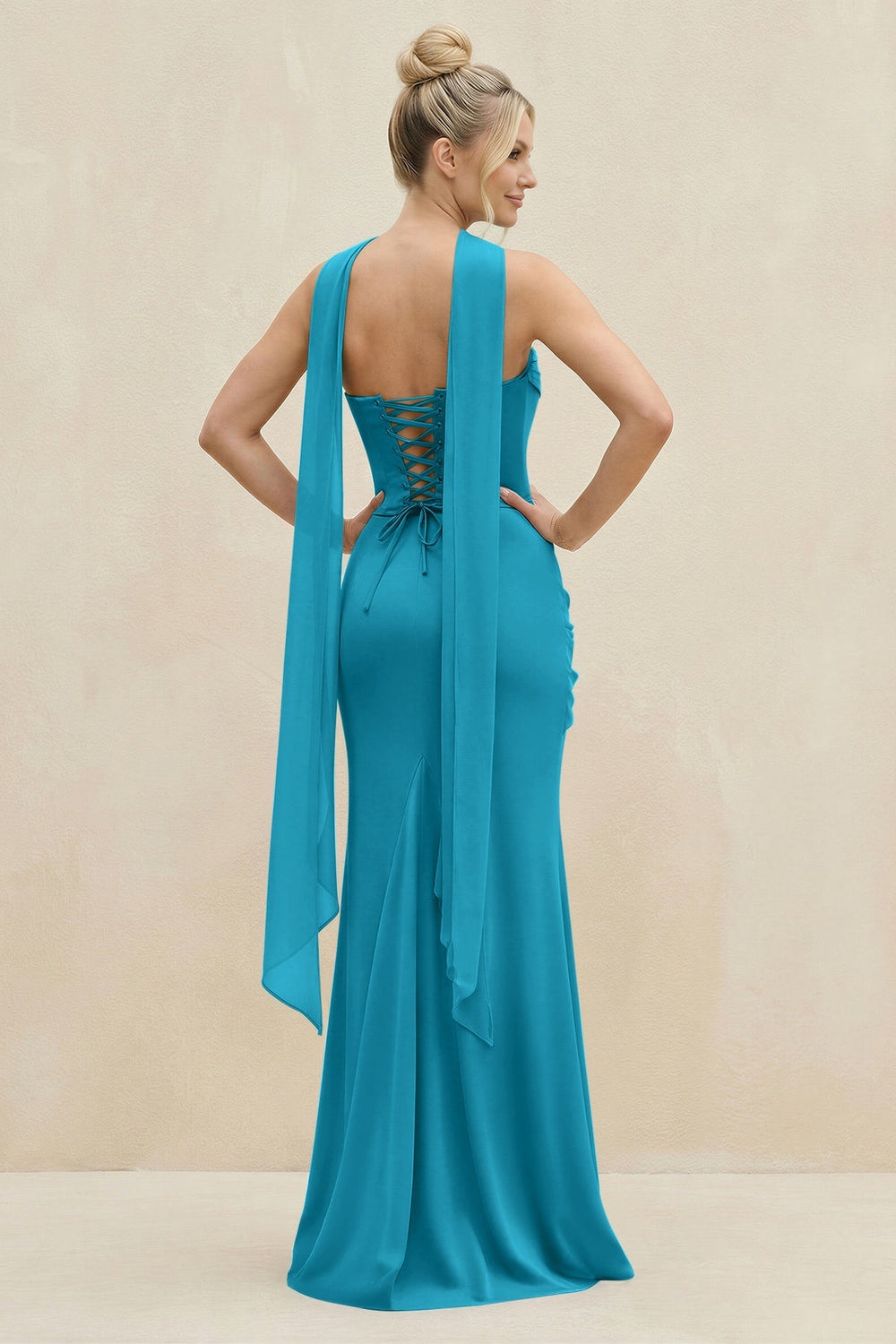 Cowl Neck Sheath Chiffon Bridesmaid Dress with Ribbon in Blue Jay - KISS BRIDAL Bridesmaid Dresses