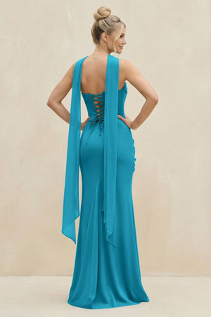 Cowl Neck Sheath Chiffon Bridesmaid Dress with Ribbon in Blue Jay - SHE IS ME Bridesmaid Dresses