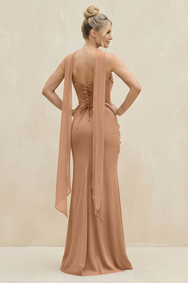 Cowl Neck Sheath Chiffon Bridesmaid Dress with Ribbon in Bronzer - SHE IS ME Bridesmaid Dresses