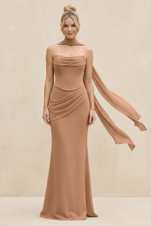 Cowl Neck Sheath Chiffon Bridesmaid Dress with Ribbon in Bronzer - SHE IS ME Bridesmaid Dresses