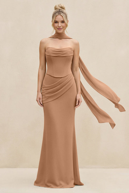 Cowl Neck Sheath Chiffon Bridesmaid Dress with Ribbon in Bronzer - SHE IS ME Bridesmaid Dresses
