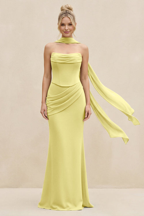 Cowl Neck Sheath Chiffon Bridesmaid Dress with Ribbon in Buttercup - SHE IS ME Bridesmaid Dresses
