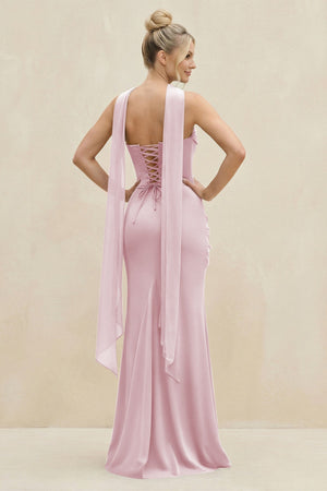 Cowl Neck Sheath Chiffon Bridesmaid Dress with Ribbon in Candy Pink - SHE IS ME Bridesmaid Dresses