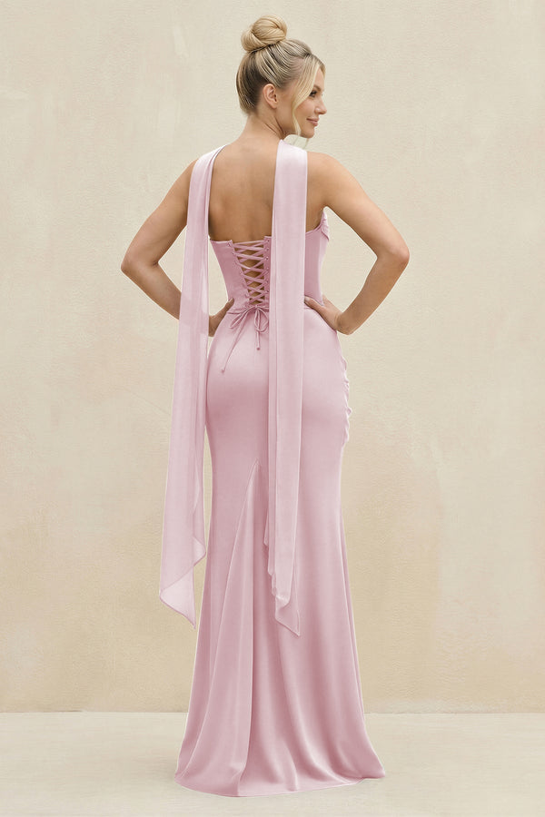 Cowl Neck Sheath Chiffon Bridesmaid Dress with Ribbon in Candy Pink - SHE IS ME Bridesmaid Dresses