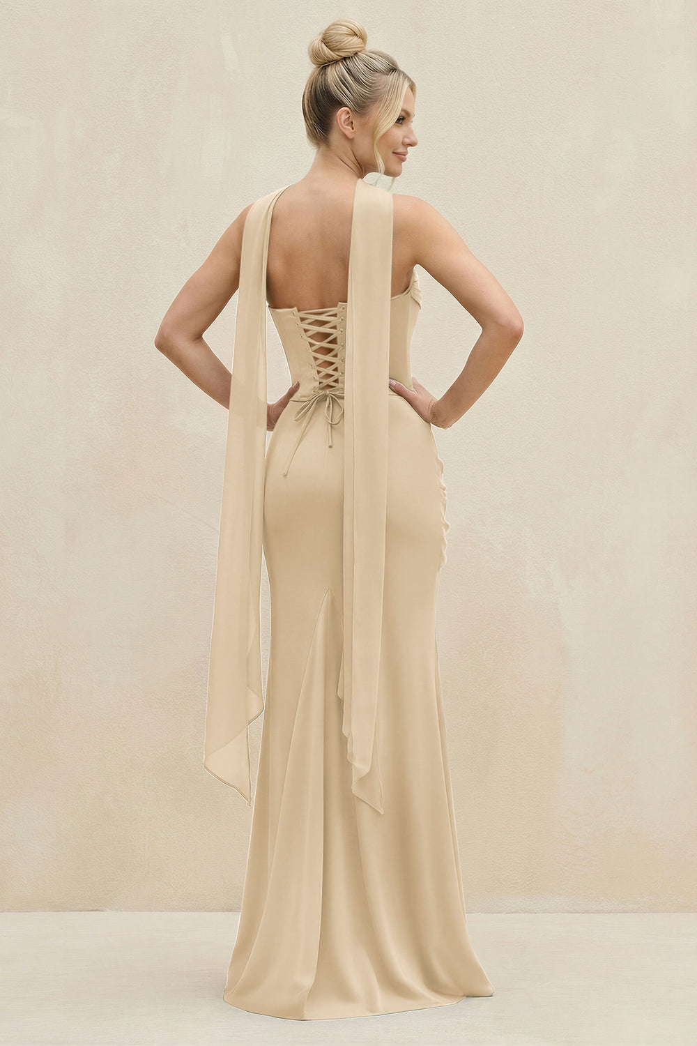 Cowl Neck Sheath Chiffon Bridesmaid Dress with Ribbon in Champagne