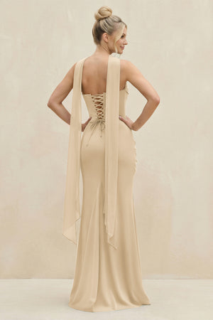Cowl Neck Sheath Chiffon Bridesmaid Dress with Ribbon in Champagne (2) | KISSBRIDAL