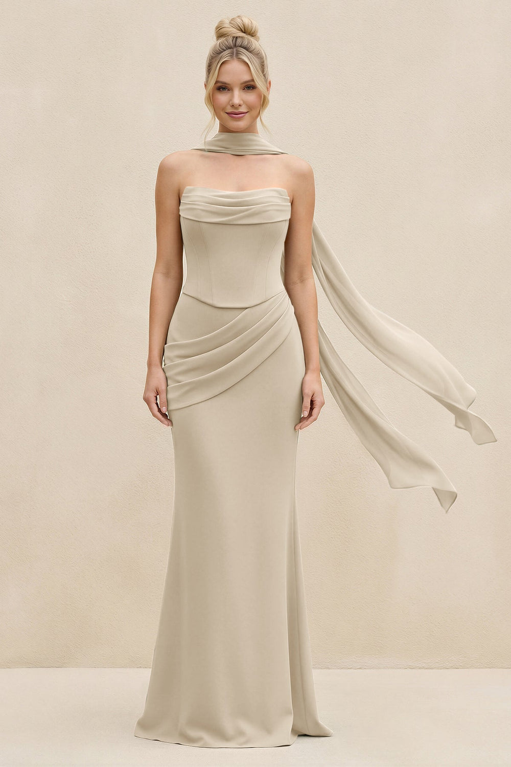 Cowl Neck Sheath Chiffon Bridesmaid Dress with Ribbon in Champagne - KISS BRIDAL Bridesmaid Dresses