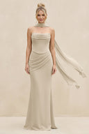 Cowl Neck Sheath Chiffon Bridesmaid Dress with Ribbon in Champagne - SHE IS ME Bridesmaid Dresses