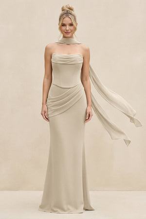 Cowl Neck Sheath Chiffon Bridesmaid Dress with Ribbon in Champagne - SHE IS ME Bridesmaid Dresses