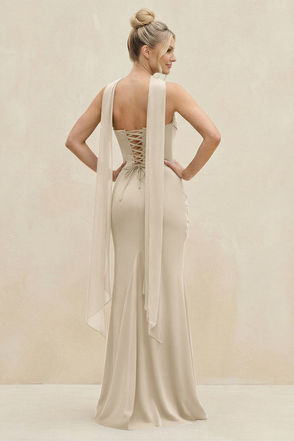Cowl Neck Sheath Chiffon Bridesmaid Dress with Ribbon in Champagne - SHE IS ME Bridesmaid Dresses