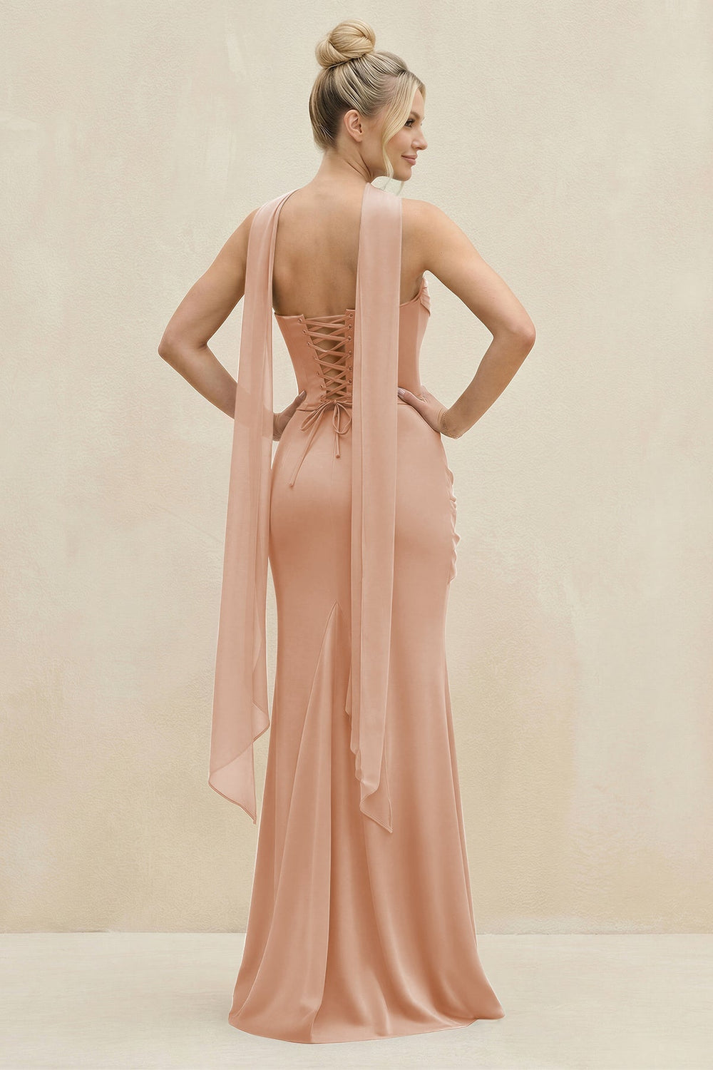 Cowl Neck Sheath Chiffon Bridesmaid Dress with Ribbon in Champagne Rose - KISS BRIDAL Bridesmaid Dresses