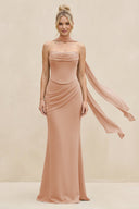 Cowl Neck Sheath Chiffon Bridesmaid Dress with Ribbon in Champagne Rose - SHE IS ME Bridesmaid Dresses