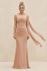 Cowl Neck Sheath Chiffon Bridesmaid Dress with Ribbon in Champagne Rose - KISS BRIDAL Bridesmaid Dresses