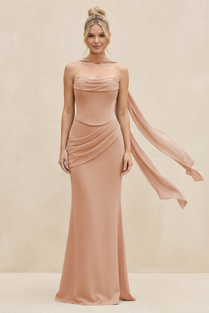 Cowl Neck Sheath Chiffon Bridesmaid Dress with Ribbon in Champagne Rose - SHE IS ME Bridesmaid Dresses