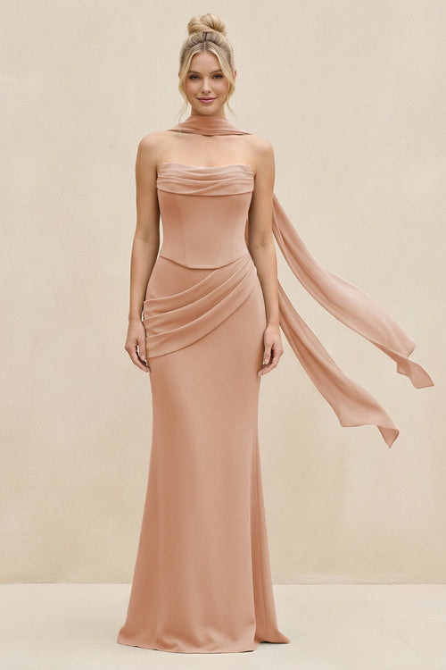 Cowl Neck Sheath Chiffon Bridesmaid Dress with Ribbon in Champagne Rose - SHE IS ME Bridesmaid Dresses