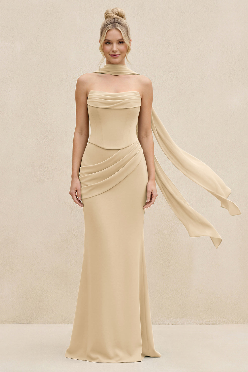 Cowl Neck Sheath Chiffon Bridesmaid Dress with Ribbon in Champagne